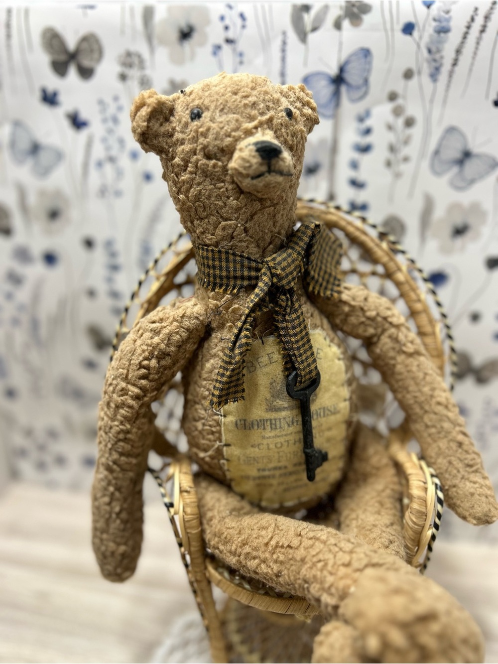 Primitive Teddy Bear in Wicker Chair Rustic Country Decor